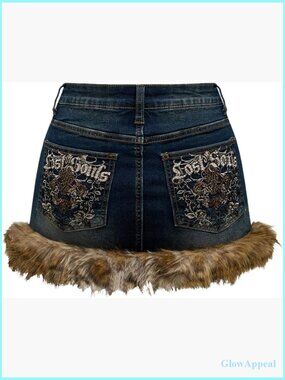 Plus Size Leopard Fuzzy Mini Denim Skirt Bodycon Y2K Style